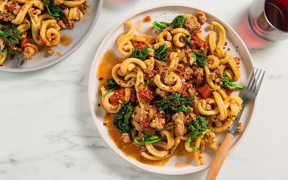 Turkey Sausage Pasta with rapini and fire roasted tomato sauce, Fresh Pasta